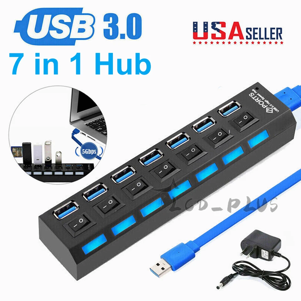 USB 3.0 Hub 7 Port On/Off Switch High Speed Splitter AC Adapter Cable PC Laptop - Image 1 of 4