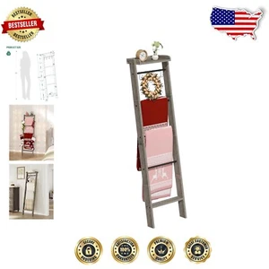 6-Tier Blanket Ladder Shelf with Removable Hooks - Vintage Greige & Black - Picture 1 of 11