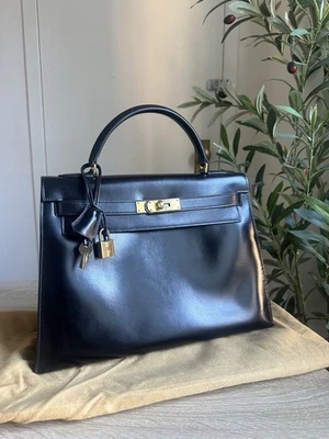 De colección Hermès Kelly Sellier 32 Caja Cuero Negro 1979 I-Circle con Bolsa para el Polvo Foto 1 de 4