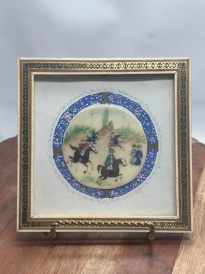 Arte de marco con incrustaciones de Khatam hueso camello escena polo persa vintage Foto 1 de 4