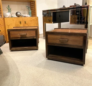Mesitas de noche Art Deco años 80 madera de roble cebra vintage cajones gabinete lacado - Imagen 1 de 11