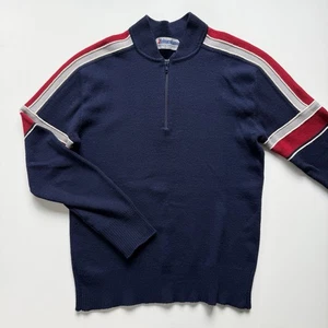 Vintage Hahnenkamm Retro Streifen 1/4 Reißverschluss Wollpullover Herren mittelblau Ski Preppy - Bild 1 von 9