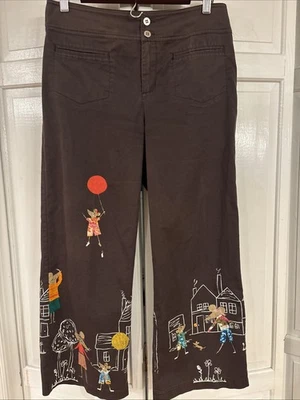 Chicos .5 Whimsical Brown Cotton Blend Cropped Graphic Mouse Drawing Loose Pants - Image 1 of 4