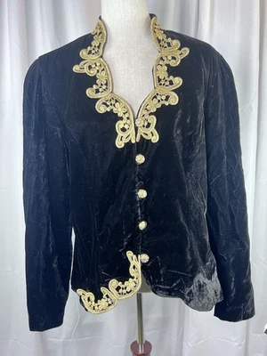 Chaqueta Blazer David Rose De Colección Hecha en Estados Unidos Negro Terciopelo Dorado Botón Bordado Talla 16 Foto 1 de 4