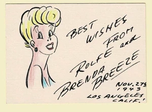 ORIG. 1943 DISEGNO A COLORI FIRMATO di BRENDA BREEZE di ROLFE MEMISON - AUTOGRAFO - Foto 1 di 2
