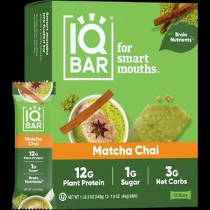 IQBAR Brain and Body Matcha Chai Keto Protein Bars - Low Carb, Low Sugar 12 Bars - Picture 1 of 3