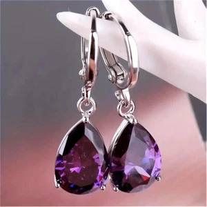 Classic Purple Teardrop Shape Amethyst Dangle Earrings Noble Party Gift Women - Picture 1 of 5