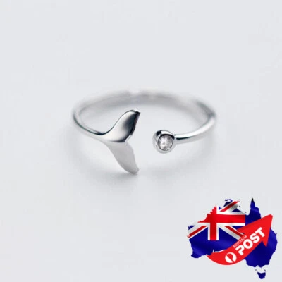 Genuine 925 Sterling Silver Solid Whale Mermaid Tail Plain Band Ring Adjustable - Image 1 of 4