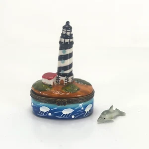 Vintage Lighthouse Under Sea life Dolphin Porcelain Decorative Trinket Box Used - Picture 1 of 19