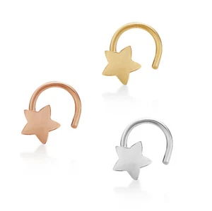 22 Gauge Curved Screw Star Nose Ring Set for Women in 14K Yellow White Rose Gold - Picture 1 of 7