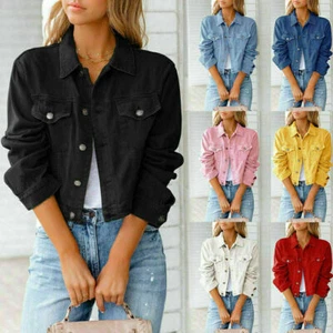 Women Denim Jacket Trend UK 8-14 Short Jeans Stretch Coat Button Long Sleeve Top - Picture 1 of 16