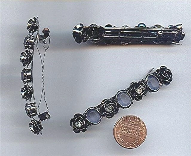 VINTAGE HEMATITE PLATED CRYSTAL FLOWERS LIGHT SAPPHIRE MATTE GEMS BARRETTE G475 - Image 1 of 1