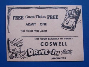 Vintage 1960s Free Guest pass to the Coswell Drive-In Theater Appomattox, VA - Picture 1 of 7