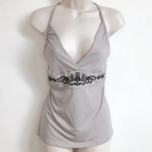 NWT Bogari Silk Beaded Camisole Tank Top Gray Black V Neck Pullover Medium - Picture 1 of 9