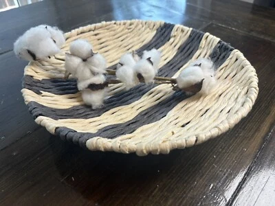 Medium Black White Boho Woven Basket 11.5” Diameter Wall Decor Serving Dish - Image 1 of 4