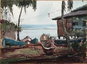 M. Grinstein, Cottage on the Ocean, Watercolor on Paper, signed and dated lower - Picture 1 of 7