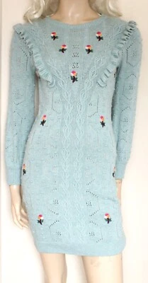 Vestido Jersey Aran Azul Monzón Bordado Tirol Tejido Lana Talla S/8 –10 Foto 1 de 4