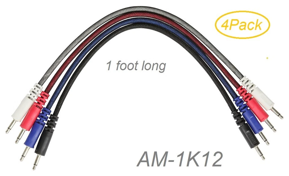 Paquete de 4 cables de conexión de sintetizadores modulares mono de 1 pie 3,5 mm con mangas trenzadas de nailon Foto 1 de 1