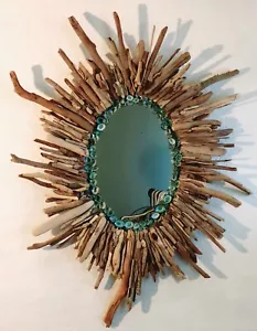 HANDMADE 33" OVAL DRIFTWOOD MIRROR WITH GREEN LIMPET SHELLS ACCENTS - Picture 1 of 7