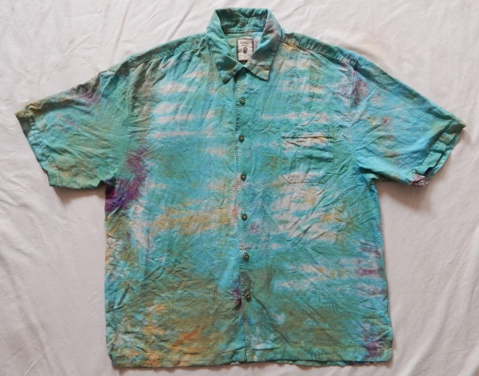 Camisa de seda tie dye azul verde a rayas abotonada - XL para hombre hecha a mano psicodélica Foto 1 de 4
