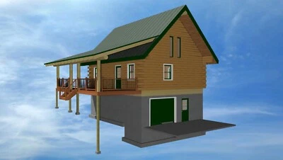 Timber Log Cabin w/Porch Package Plans 24'x30', 8"x8" Sportsman - Free Shipping - Image 1 of 4