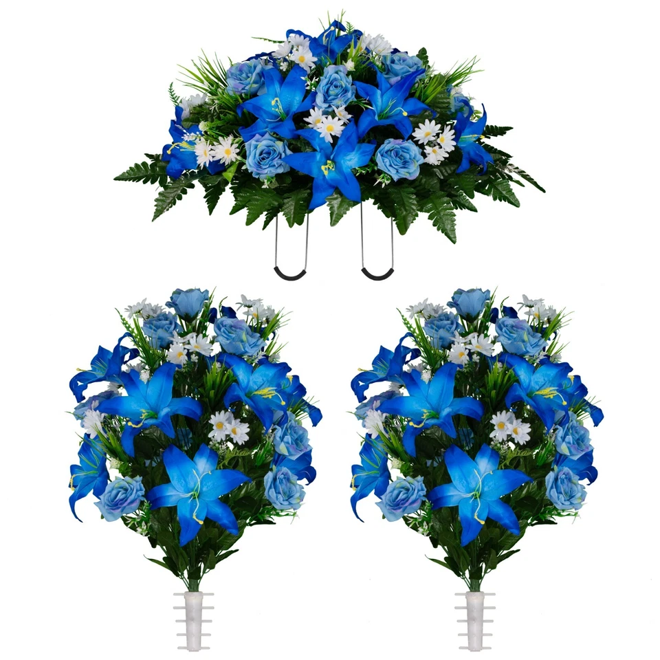 Arreglo Artificial - Lirios y Rosas Azules con Margaritas Blancas Foto 1 de 1