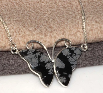 Collar Obsidiana Copo de Nieve Natural Tallado Mariposa 18" Piedras Preciosas GW Foto 1 de 3