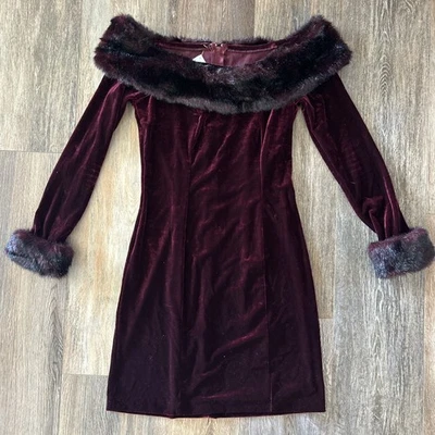 Vintage Off The Shoulder Faux Fur Velvet Mini Cocktail Dress 90s Gothic Chic - Image 1 of 4