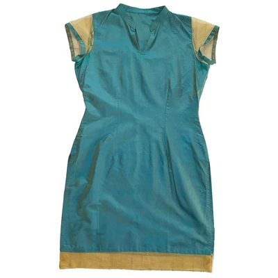 90s vtg IRIDESCENT Turquoise Teal Color Changing Silk Top Tunic Mini Dress Y2K - Image 1 of 4