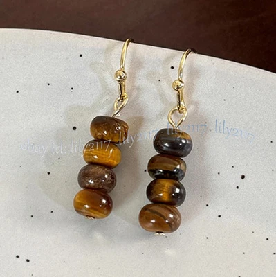 Pendientes de gancho colgantes con cuentas de piedras preciosas rondelle ojo de tigre amarillo natural de 5x8 mm Foto 1 de 4