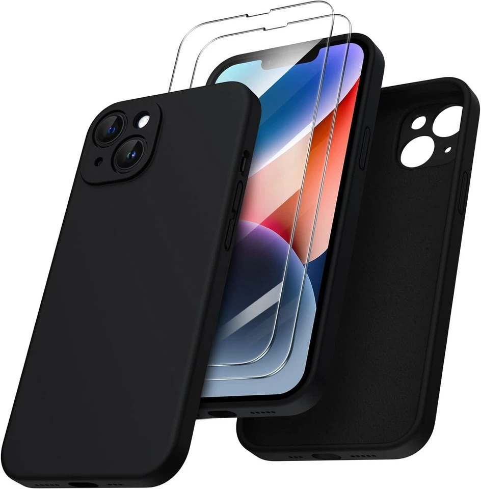 For Apple iPhone 14 PLUS Matte Silicone Gel Case BLACK + 2 Tempered Glass - Image 1 of 1