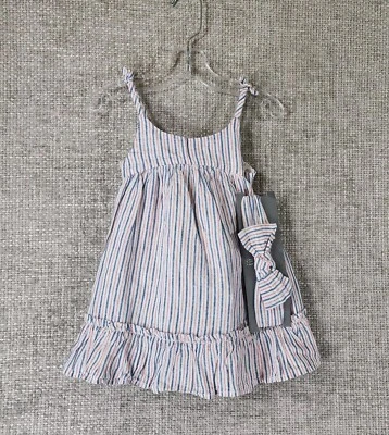 Conjunto de diadema floreciente vestido solero de lino Baby Gap 12-18 meses blanco azul a rayas NUEVO Foto 1 de 4