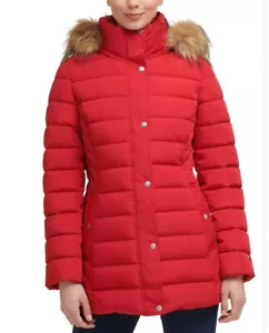 TOMMY HILFIGER Women's Faux-Fur-Trim Hooded Puffer Coat Color Red, Medium NWT - Picture 1 of 4