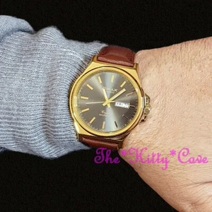 OMAX Classic Seiko Movt, Brown Leather, Gold/Grey, Day & Date Dress Watch DLZ087 - Picture 1 of 8