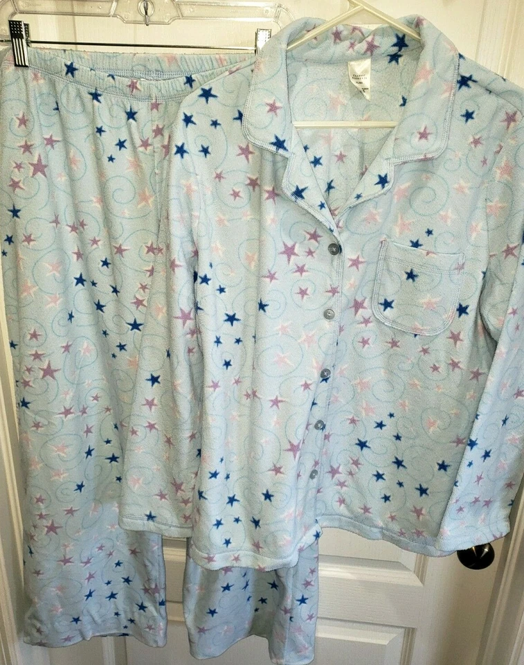 CLASSIC ELEMENTS women size XL blue FLEECE WINTER PAJAMAS purple STARS sleepwear - Image 1 of 1