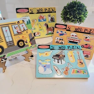LOT - 4 MELISSA & DOUG Sound Puzzles Vehicles Pets Music Instruments School Bus - Picture 1 of 9