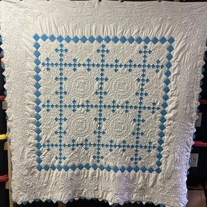 Edredón Vintage Amish Nine Patch 76" x 78" Aqua Blanco Doble Completo Doble - Imagen 1 de 14