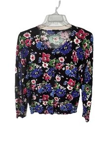 Cárdigan Talbots XL Negro Floral Algodón Rayón Oficina Viaje - Imagen 1 de 7