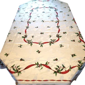 Vintage Christmas Tablecloth 82x58" Rectangle Red Holly Berry Pattern Shimmery - Picture 1 of 18