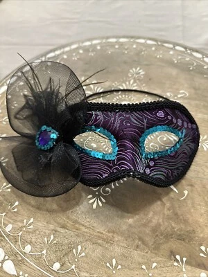 Women's Masquerade Purple and black feather mask with sequins Mardi Gras Costume - Image 1 of 4