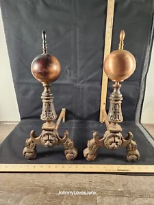 Antica palla di cannone in ghisa/rame Andirons usata ottime condizioni decorazione primitiva - Foto 1 di 8