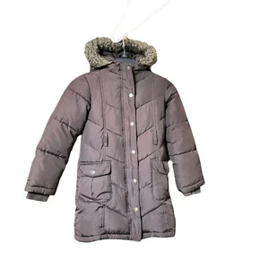 Old Navy Winter Hooded Puffer Coat Girls Medium Brown Long Fleece Lined - Picture 1 of 12
