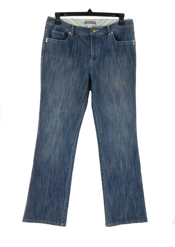 Jeans azul feminino Sigrid Olsen Innovator 7 perna reta tamanho 12 W32 L32 cintura 10 - Imagem 1 de 4