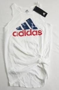 Girls Adidas White w/ Vivid Red & Blue Sleeveless Tank Top Size L 14 Tie Knot - Picture 1 of 4