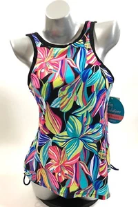 24th & Ocean Two Piece Tankini Swimsuit Sz Large Blue Pink Floral Lime High Neck - Picture 1 of 6