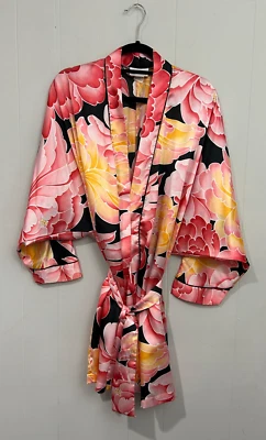 NATORI Talla Mediana Rosa Naranja Negro Kimono Satinado Cinturón Bata Suavemente Usada Foto 1 de 4