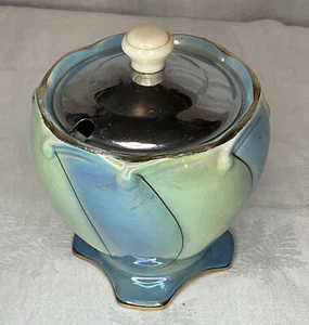 VINTAGE ROYAL WINTON LUSTRE GREEN BLUE CERAMIC SUGAR BOWL CHROME LID DELTIC MARK - Picture 1 of 12