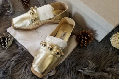 JIMMY CHOO DRU EMBELLISHED LEATHER ESPADRILLES METALLIC GOLD SZ 6.5 / 36.5 NIB - Image 1 of 4