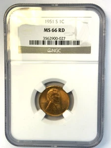 1951 S 1C Lincoln centesimo di grano NGC MS 66 RD (511.027) - Foto 1 di 4