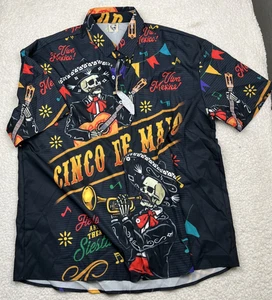 Hardaddy Button Up Shirt Mens M Black Cinco De Mayo Graphic Skeleton Mariachi - Picture 1 of 5